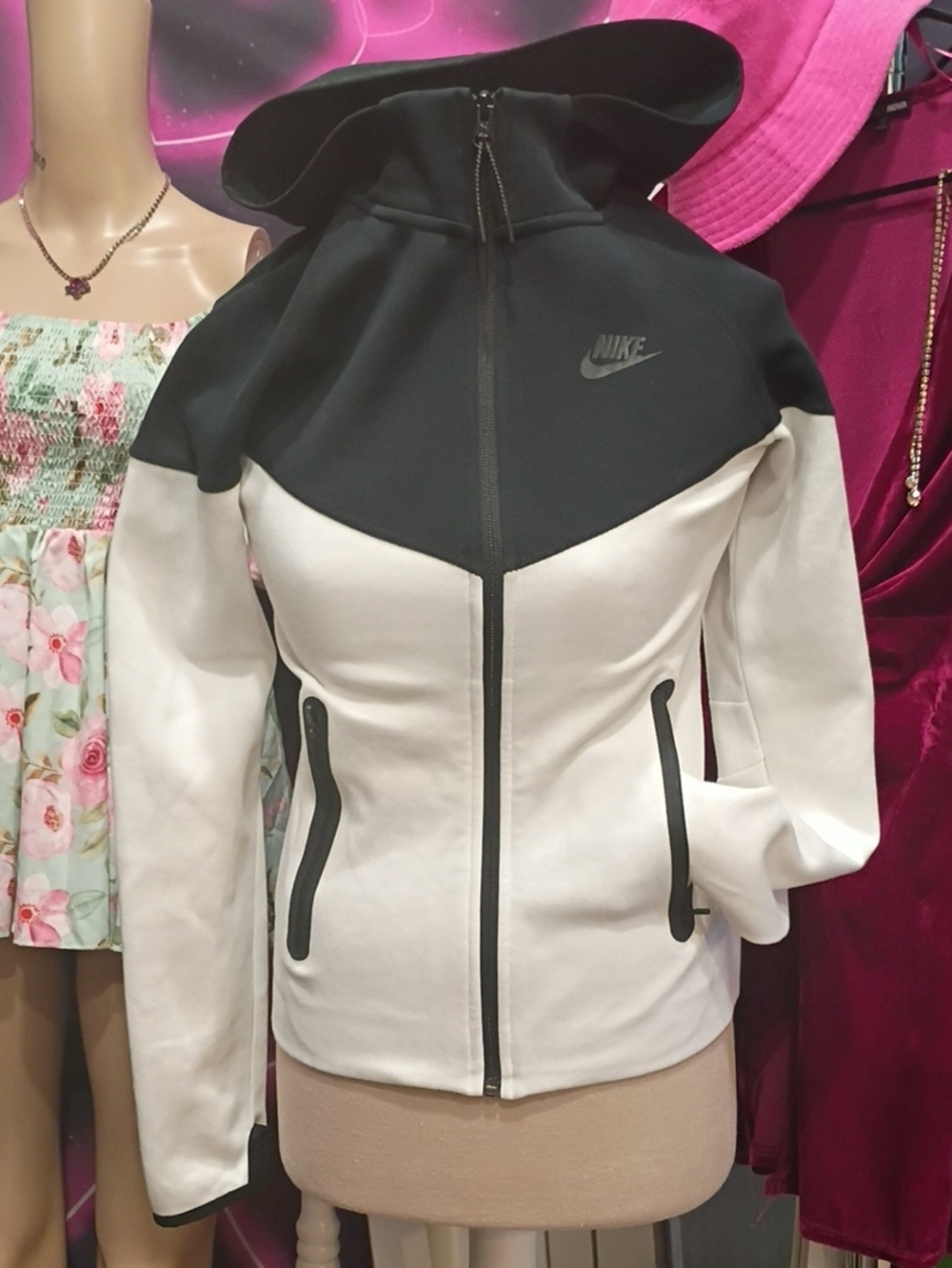 Nike Women's Black & White Full-Zip Hooded Bomber Jacket